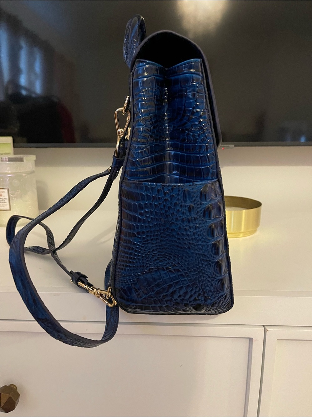 Brahmin Navy Croc-Embossed Leather Backpack with Gold Hardware - Picture 2 of 7